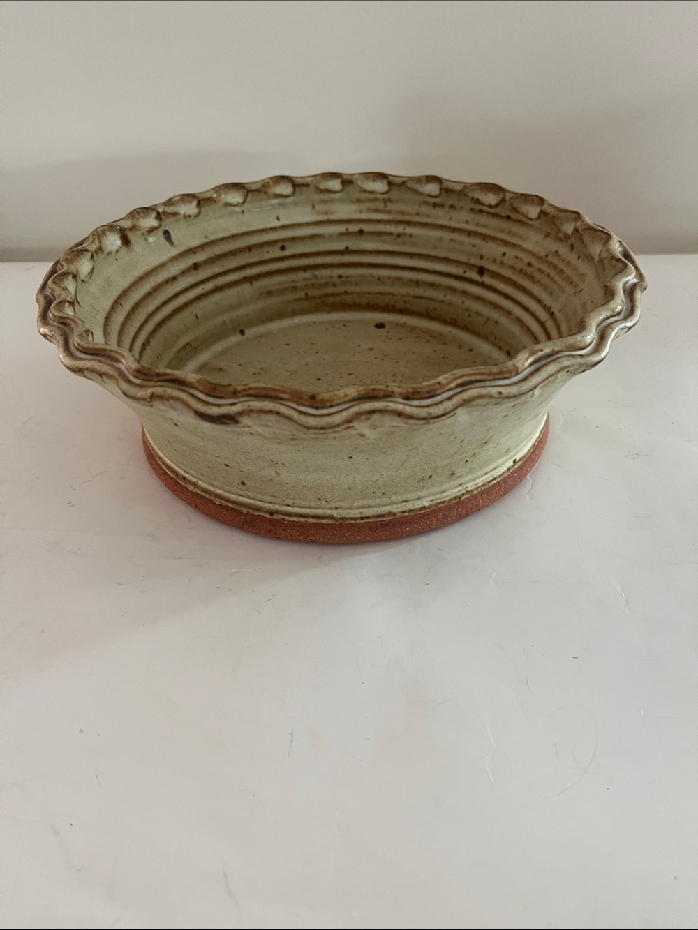 Hand thrown Cream Ceramic Bowl with Brown Base, Scalloped ruffled edge